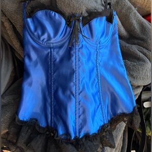 Elegant Blue Satin Bustier with Black Lace Trim